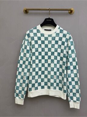 🚩steal Louis Vuitton Teal and White Checkerboard Crewneck Sweater
